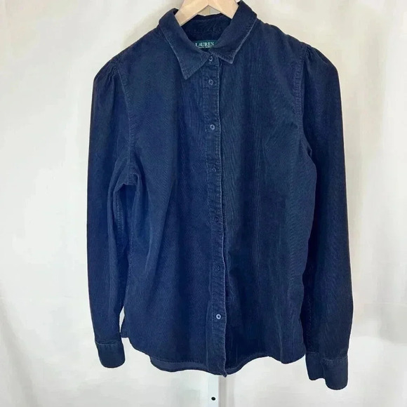 Lauren Ralph Lauren Size Large Navy Blue Corduroy Long Sleeve Button Down Shirt - Picture 1 of 11